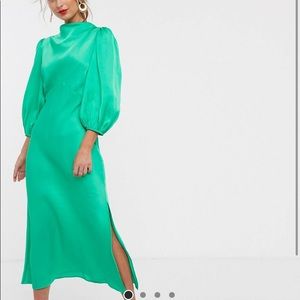 ASOS design Cowl neck satin Tea dress with puff sleeve